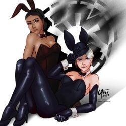 2girls animal_ears blonde_hair bow bowtie bunny_ears cravingsfree dark-skinned_female dark_skin detached_collar duo female female_only footwear galactic_empire_insignia happy heels iden_versio imperial_cap imperial_officer juno_eclipse latex light-skinned_female light_skin multiple_girls peaked_cap pinup playboy_bunny pose shoes sitting smile star_wars star_wars:_battlefront_2 the_force_unleashed