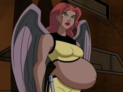 1girls belly big_belly big_breasts breasts conscious dc_comics dcau female hawkgirl jtng23 justice_league justice_league_unlimited pregnant red_hair screencap screenshot_edit