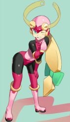 1girls ass bent_over blush bodysuit boots clothed grin helmet long_gloves mega_man mega_man_battle_network navel pink_clothing rockman rockman_exe roll roll.exe roll_pose solo thigh_gap thighhighs tight_clothing ukimukai wink