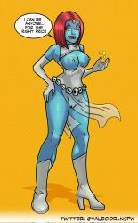 big_breasts blue_skin breasts breasts_out female female_only marvel marvel_comics mystique red_hair smiling standing valegor(artist) x-men x-men:_the_animated_series yellow_eyes