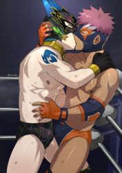 bulge french_kiss french_kissing gay kissing ktorazi mask oc pro_wrestling saliva twitter_username wrestling wrestling_mask wrestling_outfit wrestling_ring yaoi