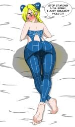 ass bed bedwetting clothed_female jojo's_bizarre_adventure jolyne_kujo looking_at_viewer looking_back papergami pee_stain peeing peeing_self speech_bubble stone_ocean wetting wetting_self