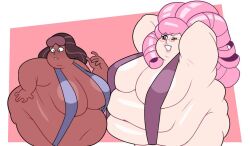 2girls bbw belly big_belly big_breasts breasts cleavage dark-skinned_female dark_skin fat female hyper_belly indian indian_female large_breasts mature_female milf obese overweight pink_hair priyanka_maheswaran rose_quartz_(steven_universe) skimpy steven_universe string_bikini superspoe thick_thighs thunder_thighs wide_hips