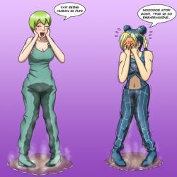 2girls clothed_female comic crying foo_fighters jojo's_bizarre_adventure jolyne_kujo multiple_girls omorashi papergami peeing peeing_self puddle standing_in_puddle stone_ocean tagme talking_to_another wetting wetting_self