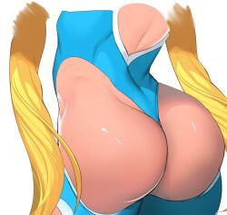 ass ass_cutout ass_focus blonde_female blonde_hair blue_suit bodysuit breasts cleavage clothing_cutout female long_hair non-web_source rainbow_mika simple_background street_fighter swimsuit very_long_hair