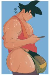 balls big_balls big_penis black_hair bulge dragon_ball dragon_ball_z flaccid gay male male_only minkoni2 muscles muscular penis saiyan solo solo_male son_goku sweaty tank_top thong