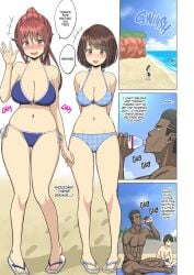 2boys 2girls beach bikini bikini_bottom bikini_top bottle comic dark-skinned_male english_text female hard_translated human male manga multiple_boys multiple_girls neginegio netorare outside sand suki_datta_no_ni..._natsu_~osananajimi_no_cheerleader_ga_kokujin_ryuugakusei_ni~ text translated water