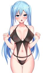 babydoll bangs baretto_(karasi07) blue_eyes blue_hair blush breasts cowboy_shot female groin halterneck hatsune_miku highres long_hair looking_at_viewer navel nipples open_mouth panties see-through simple_background solo thighs twintails underwear underwear_only very_long_hair vocaloid white_background