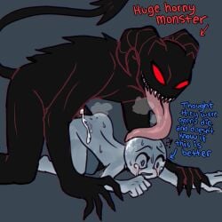 !? ambiguous_gender anon anthro black_body black_fur blue_text claws crying cum cum_on_back cumming demon demon_horns demon_tail duo feral_on_female feral_penetrating from_behind from_behind_position long_tongue male male_focus male_only monster nastylilbirb non-con non-consensual noncon nonconsensual rape red_eyes red_text sharp_teeth ship_dynamics tears tears_in_eyes tears_of_big_sad text tongue tongue_out