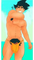 balls big_balls big_penis black_hair bulge dragon_ball dragon_ball_z flaccid gay male male_only minkoni2 muscles muscular penis saiyan solo solo_male son_goku thong