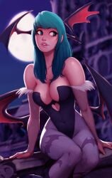 1girls animal_print bare_shoulders bat_print bat_wings breasts bridal_gauntlets cleavage clothing clothing_cutout commentary darkstalkers demon_girl female green_eyes green_hair head_wings heart_cutout highres large_breasts legs_together leotard lips long_hair low_wings medium_breasts morrigan_aensland nose open_mouth pantyhose print_legwear purple_pantyhose raichiyo33 sitting solo succubus succubus_costume succubus_wings vampire_(game) wide_hips wings