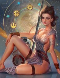 1girls ass barefoot bottomless cleavage dress fan_yang female female_only light-skinned_female painting_(artwork) rey sitting star_wars