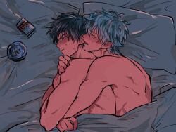 2boys ashtray blush chimooo718 cigarette embrace gay gintama gintoki_sakata hijikata_toshiro hugging_from_behind implied_anal implied_sex in_bed looking_at_another looking_back male male_only muscular muscular_male nude on_bed on_side profile sweat upper_body yaoi