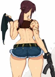 1girls ass assault_rifle back_view big_ass black_lagoon breath brown_hair bubble_butt denim female fingerless_gloves gun holding_shirt ponytail revy short_shorts simple_background solo sweat tagme tattoo tattoos thick_thighs topless white_background yoracrab
