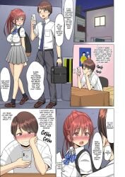 1boy 1girls ankle_socks anklehighs black_socks blush brown_hair brown_loafers comic english_text female hard_translated human loafers male neginegio netorare school_uniform schoolgirl socks suki_datta_no_ni..._natsu_~osananajimi_no_cheerleader_ga_kokujin_ryuugakusei_ni~ text translated