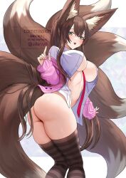 animal_ear_fluff animal_ears artist_name ass black_thighhighs bottomless breasts brown_hair commentary commission dot_nose female forehead fox_ears fox_girl fox_tail green_eyes hair_between_eyes highres knees_together_feet_apart large_breasts long_hair looking_at_viewer looking_back multiple_tails naked_shirt navel off_shoulder open_clothes open_shirt original parted_lips pink_sleeves plushmallow shirt skeb_commission sleeves_past_wrists solo standing stomach tail teeth thighhighs thighs tongue tongue_out udaruyo underboob upper_teeth very_long_hair watermark white_background white_shirt