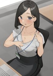 big_breasts black_hair blue_eyes bra bra_strap cleavage lanyard office office_lady ol_mahonanoka original original_character