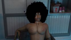 1girls 3d alcohol beer black blender blender_(software) breasts cd_projekt_red cyberpunk_2077 dark-skinned_female denny_(cyberpunk_2077) female_only glowing_eyes huge_breasts masterbeta solo solo_female text white_eyebrows white_eyes