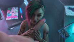 1boy 1girls 3d 3d_(artwork) alternate_version_available balls belly_button big_penis black_fingernails brown_eyes cd_projekt_red cyberpunk_2077 detailed_background excited eyelashes eyeliner female female_focus glans green_hair hand_on_penis hands_on_penis hi_res highres imminent_oral imminent_sex indoor indoors inside judy_alvarez kneeling kneeling/standing kneeling_female kneeling_oral_position large_penis light-skinned_female light-skinned_male light_skin looking_at_partner looking_up makeup male male/female male_pov multicolored_hair navel painted_fingernails painted_nails penis penis_awe penis_out pink_hair pout pouting pouty_lips pov sidecut standing tattoo tattooed_arm tattoos testicles unseen_male_face vein veiny_penis yakenaris