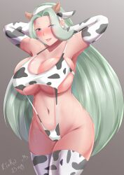 1girls areolae armpits big_breasts blue_eyes blush breasts cleavage cow_horns cow_print cow_print_armwear cow_print_bikini cow_print_slingkini cow_print_thighhighs ear_piercing earrings female female_only game_freak hair hands_behind_head huge_breasts lips long_hair mature mature_female mature_woman melony_(pokemon) milf mother open_mouth open_mouth plump pokemon pokemon_ss rinku_bny sling_bikini solo solo_female sweat sweatdrop thick_lips thick_thighs thighhighs thighs white_hair