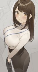 big_breasts brown_hair clothed lanyard office_lady ol-chan_(ol_mahonanoka) ol_mahonanoka original side_view smile