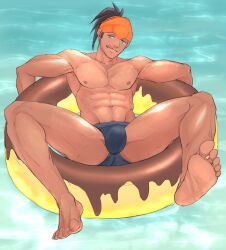 1boy abs belly_button blue_eyes bottomwear brown_body brown_skin bulge feet floatie helmet human human_only looking_at_viewer male male_only nintendo nipples pecs pokemon pokemon_ss pool pose raihan_(pokemon) solo speedo sweat swimwear toes water wey