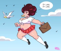 1girls bag big_belly big_breasts big_hair chubby chubby_female clothed clothed_female dialogue fat female footwear gem_on_belly human in_the_air jump jumping light-skinned_female magical_girl maroon_hair midair nora_quartz_universe obese pale-skinned_female pale_skin pink_eyes puffy_hair purple_hair rule_63 samson_00 school_uniform seagull small_clothes small_clothing steven_universe thick_thighs tied_shirt tight_clothes tight_clothing toast_in_mouth