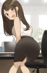 ass ass_in_dress big_breasts brown_hair lanyard long_hair office office_lady ol-chan_(ol_mahonanoka) ol_mahonanoka original skirt tight_clothing