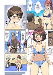 2boys 2girls beach brother_and_sister dark-skinned_male english_text hard_translated highres interracial muscular muscular_male navel neginegio netorare outside suki_datta_no_ni..._natsu_~osananajimi_no_cheerleader_ga_kokujin_ryuugakusei_ni~ translated