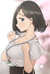 bare_shoulders big_breasts black_hair blue_eyes blush lanyard office_lady ol_mahonanoka original original_character purse skirt