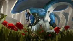 absurd_res anthro arctil-noddedur avian duo feral flower forest forest_background fur grass gryphon hi_res male male/male mythological_avian mythology nature nature_background plant sergal tree