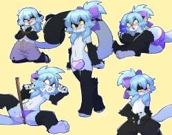 anthro balls blue_body blue_fur bulge clothing fur genitals haplorhine hi_res lunalin male mammal monkey nathivy nebula original_character_do_not_steal primate purple_clothing solo yellow_eyes