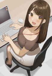 ass ass_in_dress big_breasts blush brown_hair cleavage high_heels lanyard no_bra office_lady ol-chan_(ol_mahonanoka) ol_mahonanoka original skirt