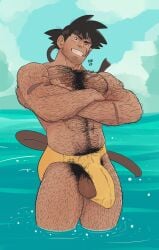 1boy arms_crossed balls balls_out bara bara_tiddies bara_tits bardock beach big_balls big_bulge big_pecs big_penis black_hair blue_sky brown_tail bulge chest_hair dilf dragon_ball dragon_ball_z flaccid gay hairy hairy_arms hairy_balls hairy_chest hairy_male hairy_shoulders hairy_stomach hairy_thighs headband looking_at_viewer male male_focus male_only manly mature mature_male minkoni2 muscles muscular muscular_male on_water outdoors outside pecs pectoral_press pectorals penis pose posing pubic_hair saiyan saiyan_tail scar scar_on_arm scar_on_cheek scar_on_chest scar_on_face scar_on_stomach scarred_arm scarred_body scars smile smiling smiling_at_viewer solo solo_focus solo_male standing swimwear tail teeth teeth_showing thong thong_only water yellow_swimwear yellow_thong