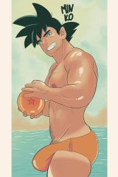 1boy balls balls_bulge bara beach big_balls big_bulge big_penis black_hair body_hair bulge chest_hair dragon_ball dragon_ball_(object) dragon_ball_z erect_penis erection_pushing_swimwear flaccid hairy hairy_chest happy_trail holding_object huge_bulge human human_only male male_only minkoni2 muscles muscular muscular_male open_smile orange_speedo orange_swimwear outdoors outside penis pubic_hair saiyan smile smiling solo solo_focus solo_male son_goku speedo speedo_only swimwear swimwear_only tan_line tanline tanned tanned_body tanned_male tanned_skin teeth teeth_showing water