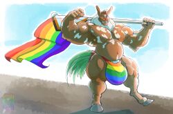 2020 5_fingers anthro big_bulge big_muscles brown_body brown_fur brown_hair bulge chimera clothing fangs fingers fist flag flexing_bicep fur genital_outline hair hi_res holding_flag holding_object hooves huge_bulge lgbt_pride looking_at_viewer male male_only multicolored_clothing multicolored_underwear musclegut muscular muscular_anthro muscular_male navel on_one_leg open_mouth pecs pink_tongue pride_color_clothing pride_color_flag pride_colors rainbow_clothing rainbow_underwear sabertooth_(anatomy) sheath_outline siriusdog solo spots standing teeth tongue underwear villam_(randsom) white_spots