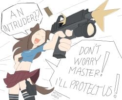 1girls black_stockings blue_shirt brown_hair canine_humanoid cartoony crop_top cute dog dog_ears dog_girl dog_tail female female_anthro firearm fluffy fluffy_tail glock gun gun_holster gunfire hitsujigoods long_hair master navel pantyshot petite red_skirt shooting short_skirt sketch solo thighhighs twitter_user_oc uwu vhs_doggy violence white_skin