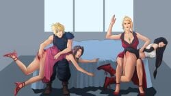 1boy 2022 3girls adult adults aerith_gainsborough age_difference bed black_hair black_panties blonde_hair boots brown_hair cleavage clothed cloud_strife crying dress dress_lift final_fantasy final_fantasy_vii final_fantasy_vii_remake group harness heels long_hair milf minimalist_background older_female otk_spanking over_the_knee_spanking panties red_ass red_panties scarlet_(ffvii) shireknight1_(artist) shoulder_armor sitting_on_bed skirt_lift spanking square_enix tagme tears thighs tifa_lockhart younger_female younger_male