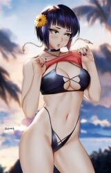 1girls bangs bikini black_bikini black_choker blunt_bangs blurry blurry_background blush blushing breasts choker clothes_lift cloud contrapposto cowboy_shot earlobe_jacks easonx female female_only flower hair_flower hair_ornament halterneck hands_up highleg highleg_bikini highres kyoka_jiro lifted_by_self lips medium_breasts my_hero_academia nail_polish navel outdoors outside palm_tree purple_eyes purple_hair purple_nail_polish purple_nails red_tank_top shirt_lift short_hair sidelocks sky solo solo_female stomach swimsuit tank_top thighs tree yellow_flower