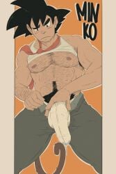 balls big_balls big_penis black_hair bulge dragon_ball dragon_ball_z flaccid gay hairy male male_only minkoni2 muscles muscular open_fly penis precum precum_through_clothing saiyan saiyan_tail solo solo_male son_goku tail