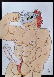 abs absurd_res anthro armor balls bandai_namco barazoku dashthefox digimon digimon_(species) dragon flexing flexing_bicep flexing_muscles genitals hairy_balls headgear helmet hi_res male male_only muscular nipples pecs pubes solo traditional_media_(artwork) vein wargreymon