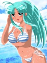 1girls beach bikini blue_eyes blue_hair blush camelot golden_sun happy long_hair looking_at_viewer mia_(golden_sun) nintendo ocean sesamin83 smile summer swimsuit tan_skin