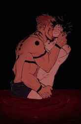 2boys arm_tattoo black_hair blood blood_on_neck closed_eyes couple fushiguro_megumi gay hand_on_another's_thigh injury jujutsu_kaisen licking male male/male male_focus male_only male_pubic_hair multiple_boys nude partially_submerged pink_hair pubic_hair ryoumen_sukuna_(jujutsu_kaisen) short_hair shoulder_tattoo size_difference spiked_hair sserupiko tattoo topless_male twink yaoi