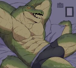 2022 abs absurd_res alligator alligatorid anthro bed biped bulge clothed clothing countershading crocodilian detailed_bulge digital_media_(artwork) erection erection_under_clothing furniture gakujo genital_outline green_body green_scales hi_res inside lying male male_only muscular muscular_anthro muscular_male on_back on_bed open_mouth pecs penis_outline pupils reptile scales scalie slit_pupils solo tan_body tan_scales yellow_eyes