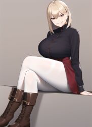 ai_generated black_shirt blonde_hair brown_boots evil_grin evil_smile half_blind heterochromia large_breasts legs_crossed orange_eyes original_character posing red_skirt sitting solo_female white_pantyhose