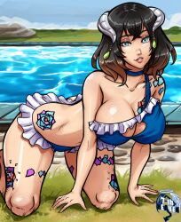 2020 505_games artist_name artist_signature artplay bikini bloodstained:_ritual_of_the_night body_markings breasts dovoros hi_res highres large_breasts looking_at_viewer miriam_(bloodstained) multicolored_hair ocean swimsuit water