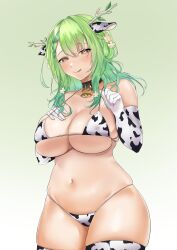 :p absurdres animal_ears animal_print antlers bare_shoulders bell bikini black_choker branch breasts ceres_fauna choker covered_nipples cow_bikini cow_ears cow_print cowbell curvy elbow_gloves female flower gloves gradient gradient_background green_background green_hair hair_flower hair_ornament highres hololive hololive_english hololive_english_-council- hololive_english_-promise- large_breasts leaf long_hair looking_at_viewer micro_bikini navel neck_bell noodringo print_gloves skindentation solo stomach strap_gap swimsuit thighhighs thighs tongue tongue_out virtual_youtuber wavy_hair wide_hips yellow_eyes