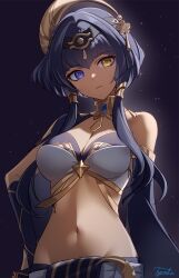 1girls big_breasts blue_eyes blue_hair breasts candace_(genshin_impact) cleavage clothed_female dark-skinned_female dark_skin egyptian_clothes female genshin_impact heterochromia midriff navel twintails tyenka7728 yellow_eyes