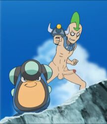 balls edit edited erection genitals green_hair hunter_d's_crew_members male male_only naked nude palpitoad penis pokemon pokemon_(anime) pokemon_sm retracted_foreskin screencap screenshot screenshot_edit uncut unknown_artist unnamed_character weapon