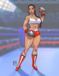 1girls 2022 abs artist_name athletic athletic_female ayesha_williams boxer boxing boxing_gloves boxing_ring boxing_stance breasts commission eyebrows eyelashes eyes female female_focus fighter fit fit_female gabocaricaturas gloves grey_boxing_gloves grey_gloves hair hips human legs light-skinned_female light_skin lips original original_character shoes thick thick_hips thick_legs thick_thighs thighs toned toned_female voluptuous watermark wide_hips